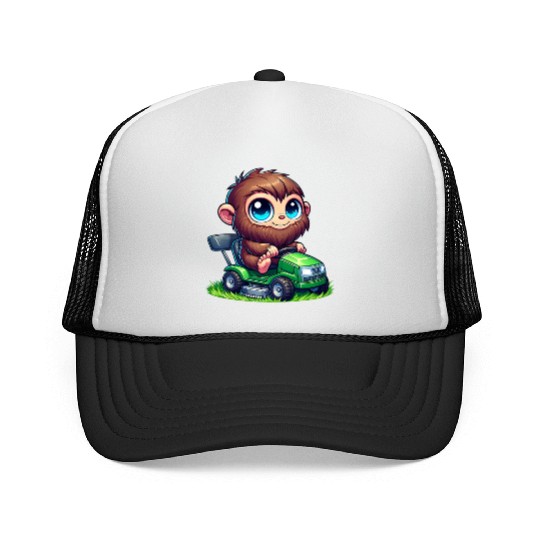 Cute Bigfoot Sasquatch lawn mower gardening chibi Trucker Caps