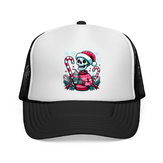 Festive Skeleton in Santa Hat Trucker Caps