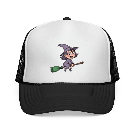Whimsical Witch on a Broomstick Trucker Caps
