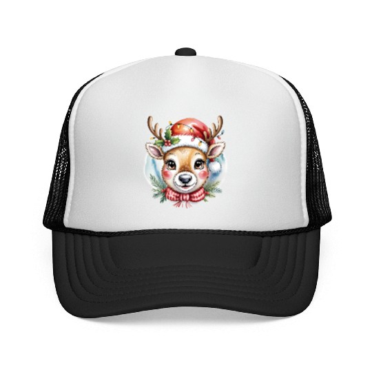 Cute Rudolph Reindeer Watercolor Christmas Art Trucker Caps