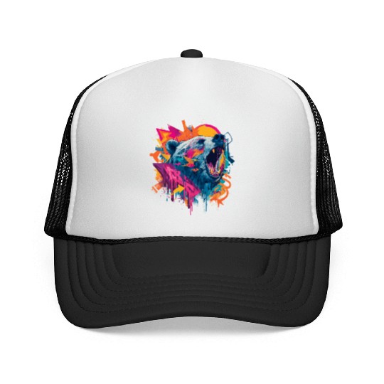 Vibrant Roaring Bear Graffiti Design Trucker Caps