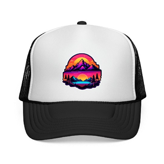 Neon Mountain Sunset Landscape Trucker Caps