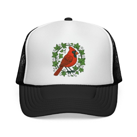 Vibrant Cardinal Amidst Ivy Leaves Trucker Caps