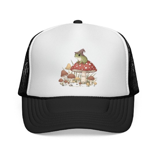 Whimsical Forest Frog in Magic Mushroom Scene Trucker Caps