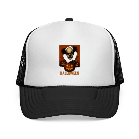 Eerie Clown with Jack-O-Lantern Pumpkins Trucker Caps