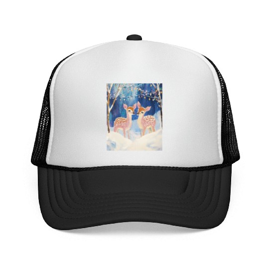 Enchanted Winter Deer Scene Trucker Caps