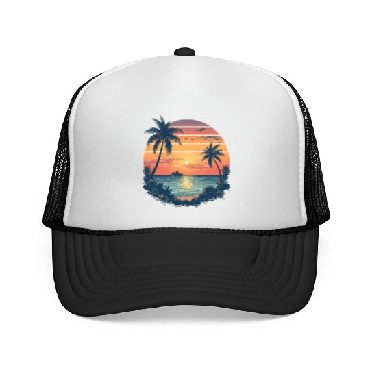 Sunset Ocean Scene with Palm Trees Trucker Caps