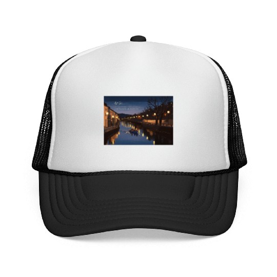 Serene Night Riverside Boat Scene Trucker Caps