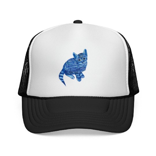 Blue Van Gogh Starry Night Bengal Cat Illustration Trucker Caps