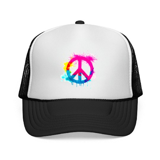 Peace sign neon colors groovy spray paint splatter Trucker Caps