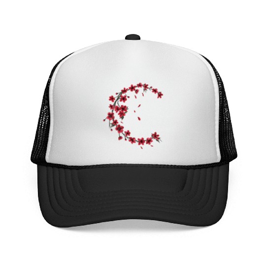 Red Moon Cherry Blossom Sakura Flower Design Trucker Caps