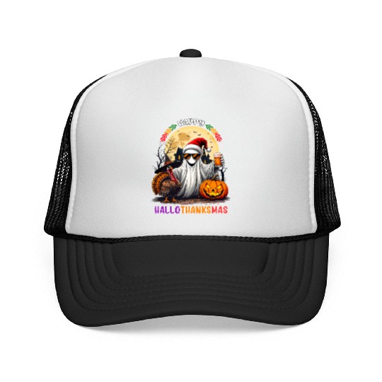 Happy Hallothanksmas Halloween Thanksgiving Xmas Trucker Caps