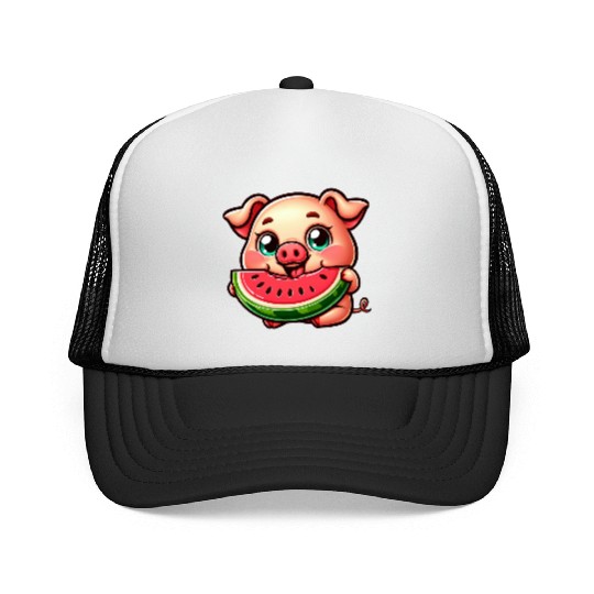 Cute pig with watermelon summer vacation farmer Trucker Caps