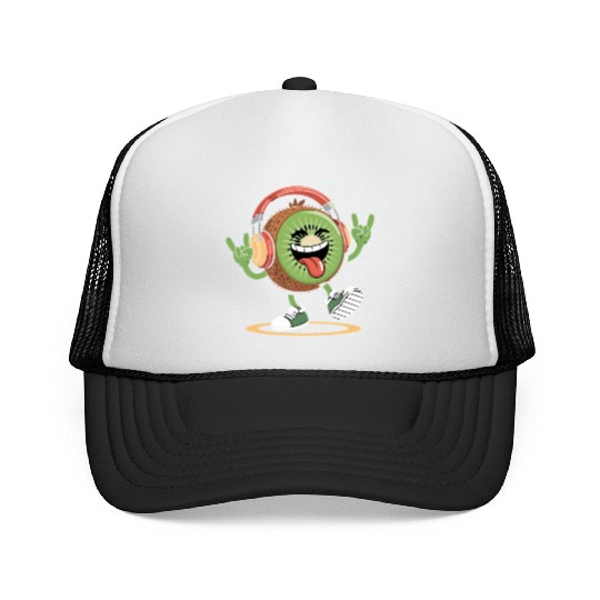 Playful Kiwi Cartoon with Headphones Trucker Caps