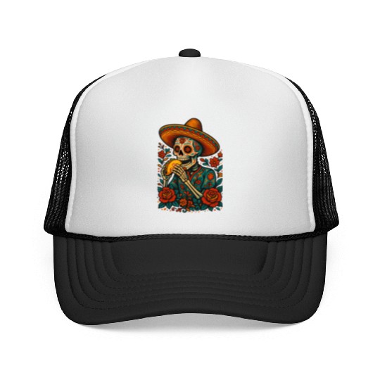 Day of the Dead Skeleton Eating Taco Mexican Folk  Trucker Caps