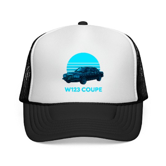 Black W123 Coupe – Neon Retro 80s Style Automotive Trucker Caps