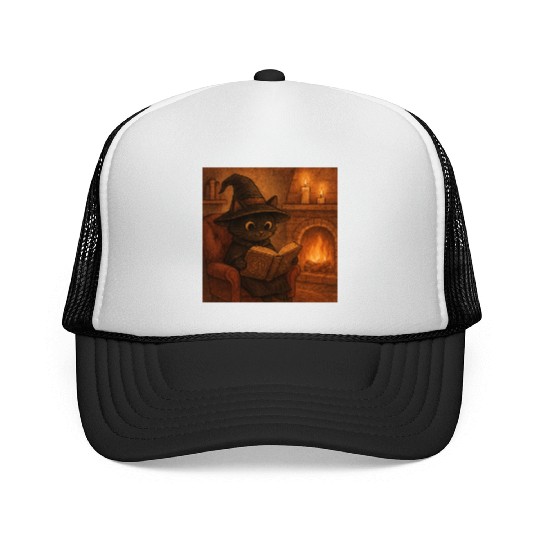 Enchanted Cat Witch by the Fireplace Trucker Caps