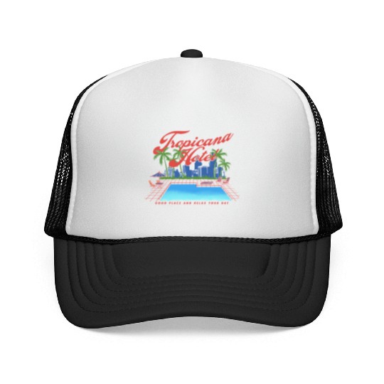 Tropical Hotel Retro Pool Design Trucker Caps