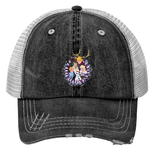 Discover Frozen Characters Christmas Wreath Trucker Hats, Disney Frozen Christmas Trucker Hats