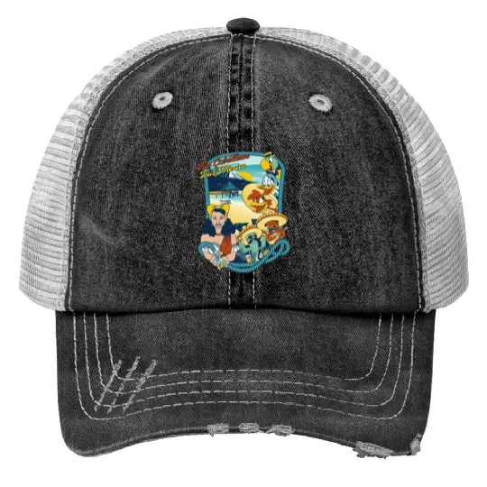 Latin American Disney Cartoon Three Caballeros Trucker Hats, Tres Caballeros Tours of Mexico Trucker Hats