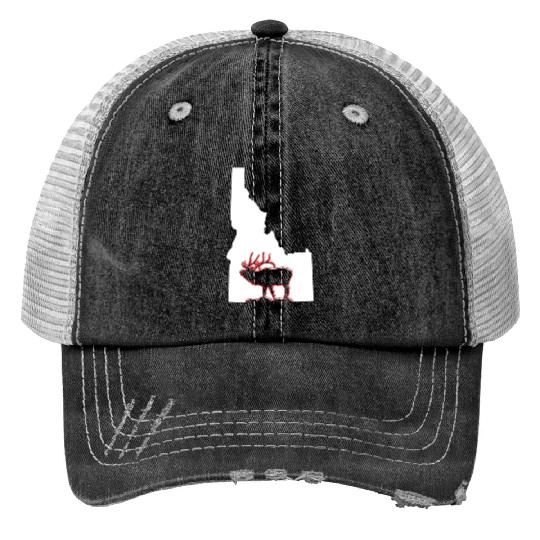 Idaho state with outline of Elk inside combi Trucker Hats