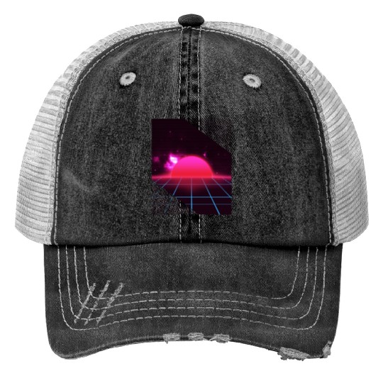 Sundown sunrise Scenery in a Retro 80s 90s Grid Trucker Hats