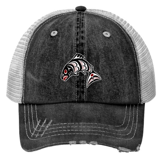 Native American Red Black Haida Vector Salmon Trucker Hats
