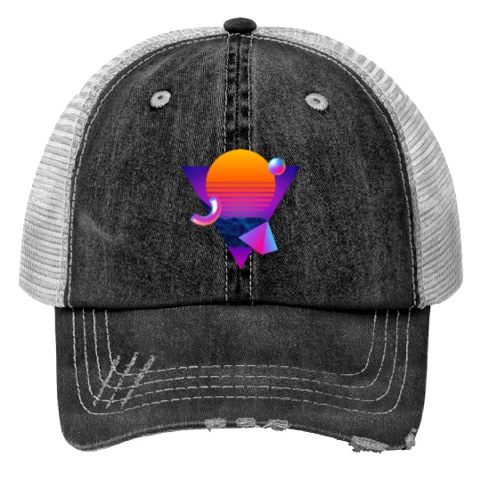 Neon sunset, geometric figures Trucker Hats
