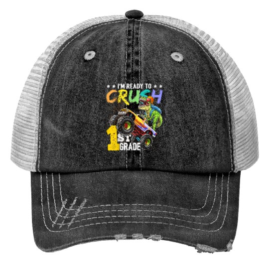 1st Grade Dinosaur Monster Truck Back To School Trucker Hats