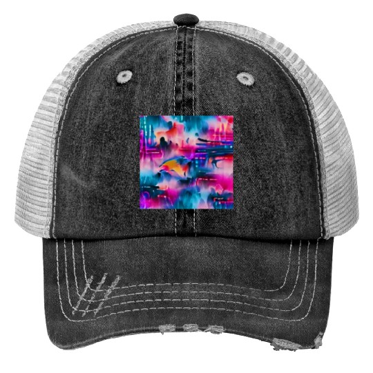 Abstract watercolor pattern in retro neon colors Trucker Hats
