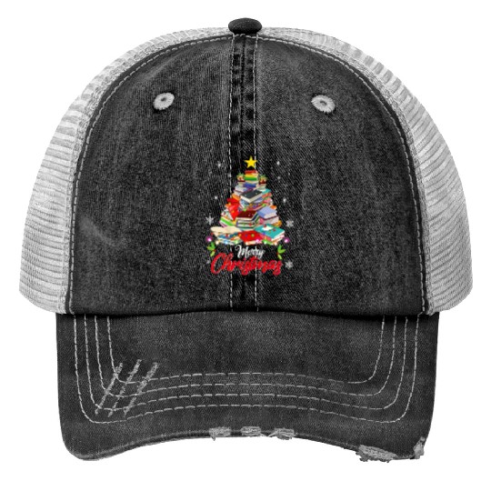 Merry Christmas Tree Love Reading Books Librarian Trucker Hats