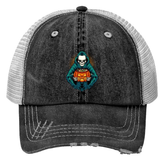 Grim Reaper With Scary Pumpkin - Halloween Trucker Hats