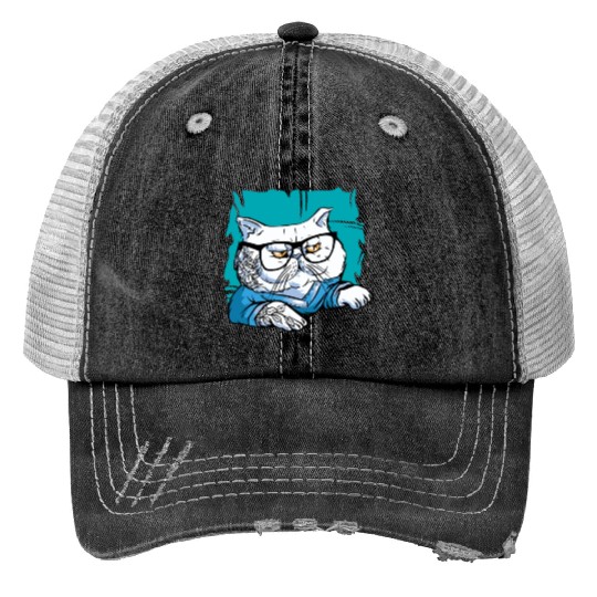 Stylish Nerd Persian Cat Beanie Glasses Tattoo Trucker Hats