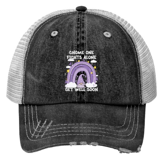 Gnome One Fights Alone Lavender Cancer Trucker Hats
