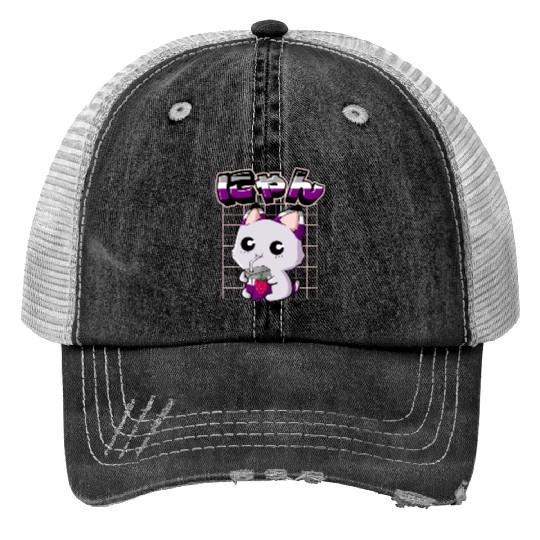 Asexual Pride Kawaii Cat Strawberry Milk Asexual F Trucker Hats