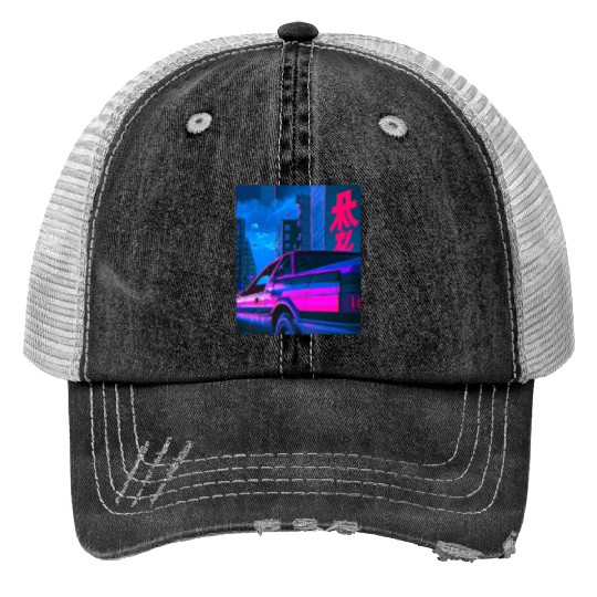 Vaporwave Car Synthwave City Trucker Hats