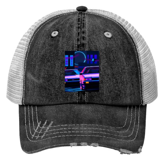 Vaporwave Car Synthwave City Trucker Hats