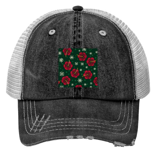 Tropical Floral Hibiscus Snowflakes Christmas Trucker Hats