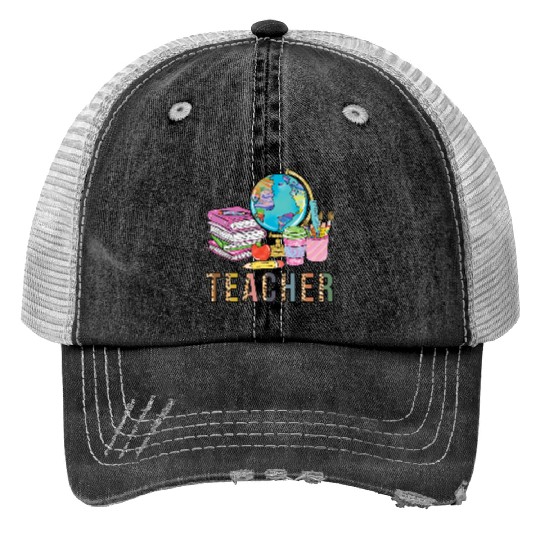 Cute Teacher Leopard Print Globe First Day of Trucker Hats