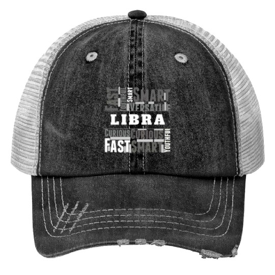 Libra Zodiac Star Sign Word Cloud Square Monochrom Trucker Hats