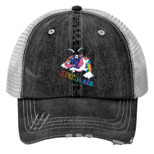 Metal Kid Music Unicorn Skeleton Rocker Rock Heavy Trucker Hats