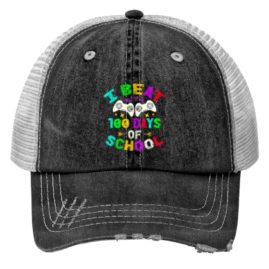 I Beat 100 Days Of School Video Game Player Kid Trucker Hats