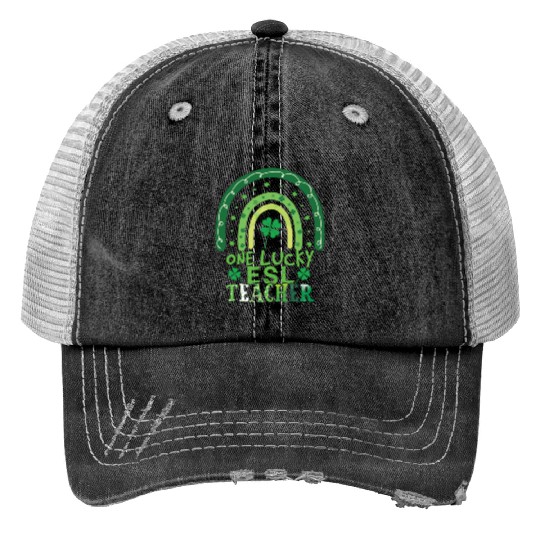 Rainbow Saint Patrick Day Clover Lucky Teacher Trucker Hats