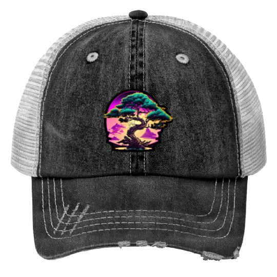 Synthwave Bonsai Tree Trucker Hats