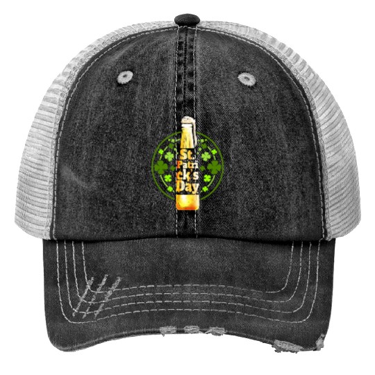 Stylized Beer Bottle And Shamrocks For St Trucker Hats