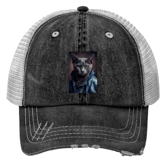 Russian Blue Cat Breed Portrait wears a leather j Trucker Hats