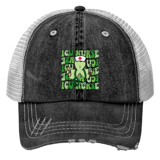 Groovy ICU Nurse Funny Shamrock St Trucker Hats