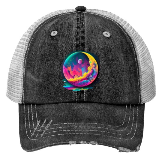 Neon Abstract Watercolor Moon Trucker Hats