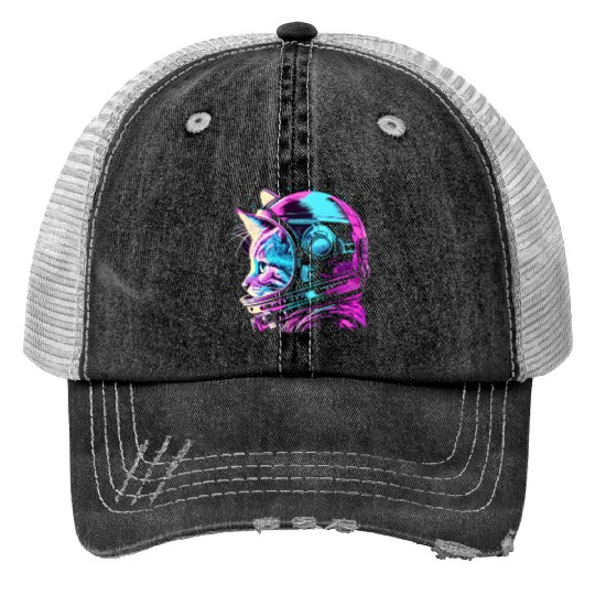Aesthetic Vaporwave Space Cat 80s 90s Astronaut Trucker Hats