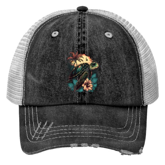 Turtle Hawaiian Sea Turtles Hibiscus Flower Trucker Hats